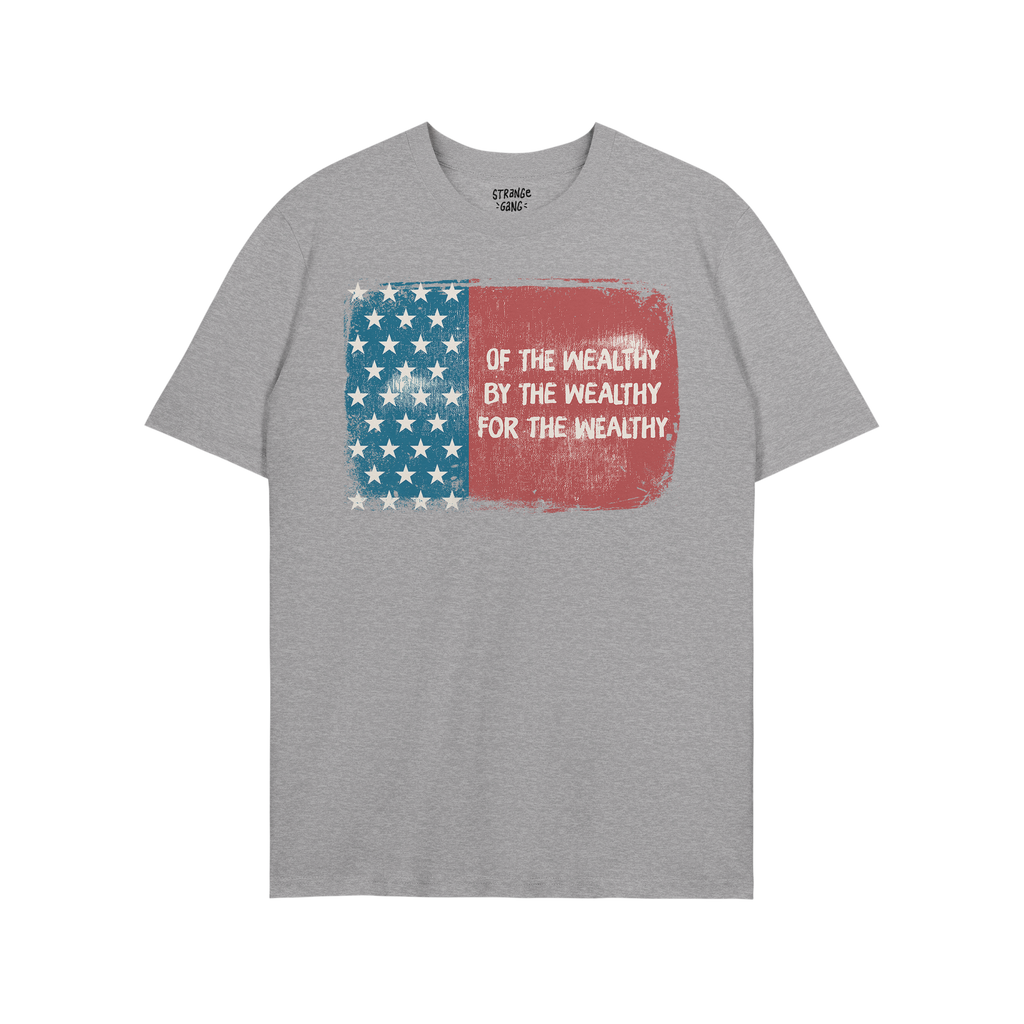 Heather-gray For The Wealthy T-shirt featuring a distressed American flag with a blue stars panel and a red panel with the sl