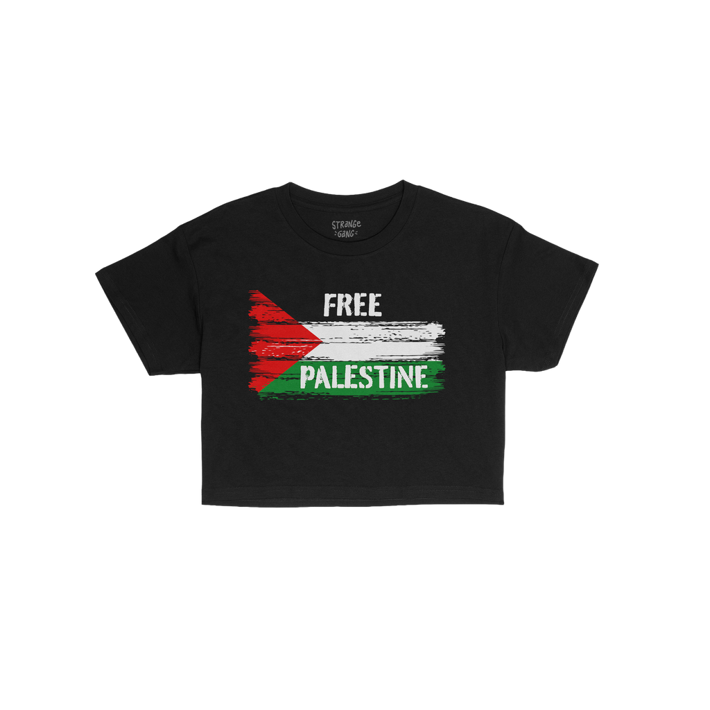 Free Palestine Women's Baby Tee featuring a distressed Palestinian flag with FREE and PALESTINE text, designed for activist e