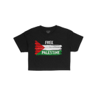 Free Palestine Women's Baby Tee featuring a distressed Palestinian flag with FREE and PALESTINE text, designed for activist e