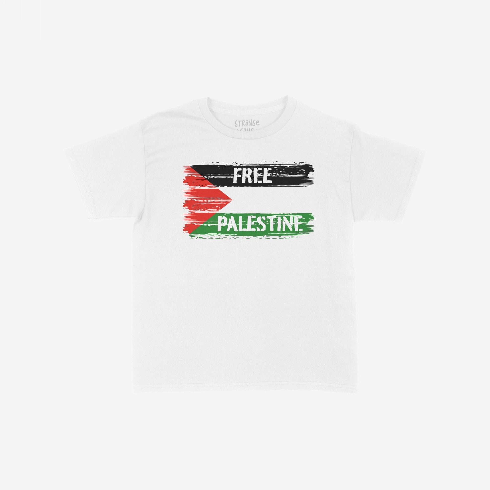 Free Palestine Women's Baby Tee featuring a distressed-brush-stroke Palestinian flag graphic with FREE and PALESTINE text, embodying bold activism and style for rallies, protests, or everyday expression.