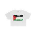 Free Palestine Women's Baby Tee featuring a distressed-brush-stroke Palestinian flag graphic with FREE and PALESTINE text, em