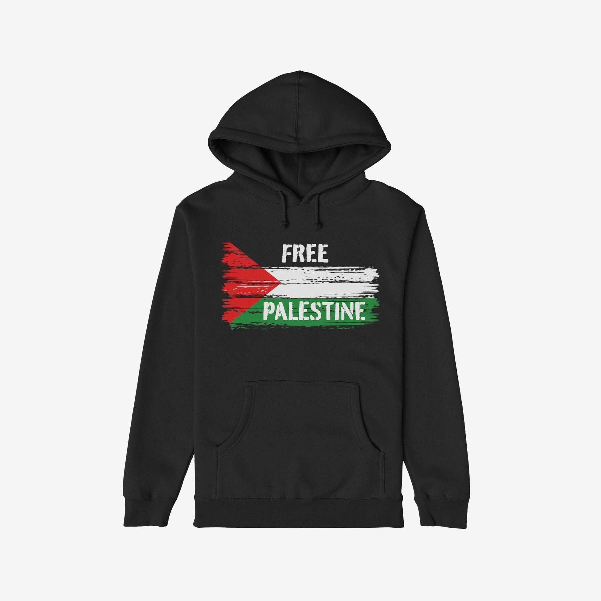 Black pullover hoodie titled Free Palestine Shirt featuring a distressed Palestinian flag graphic with the words FREE PALESTINE, embodying a message of justice and liberation.