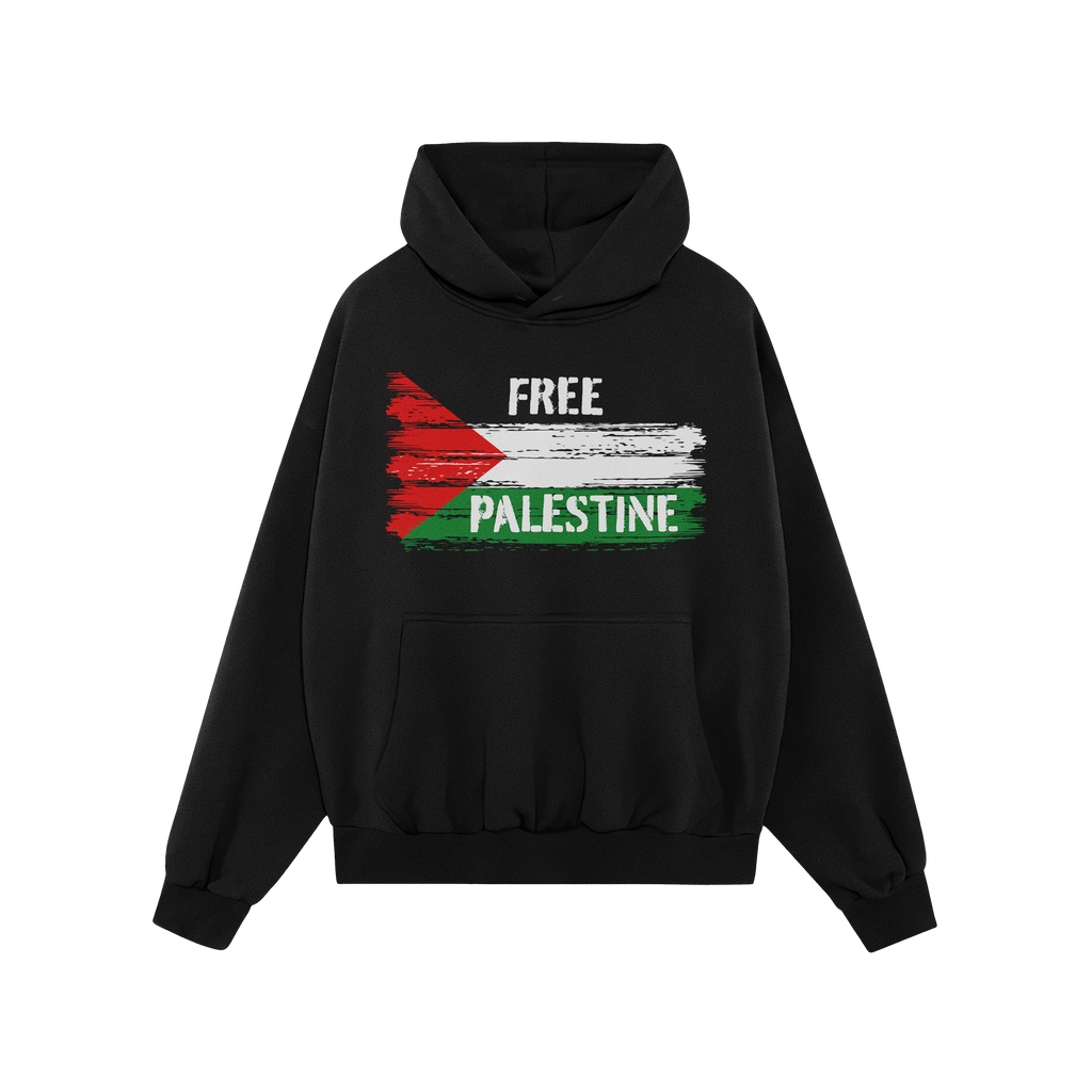 Black pullover hoodie titled Free Palestine Shirt featuring a distressed Palestinian flag graphic with the words FREE PALESTI