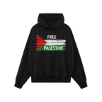 Black pullover hoodie titled Free Palestine Shirt featuring a distressed Palestinian flag graphic with the words FREE PALESTI