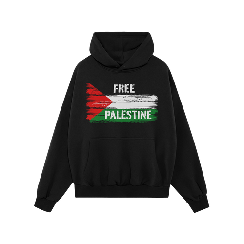 Black pullover hoodie titled Free Palestine Shirt featuring a distressed Palestinian flag graphic with the words FREE PALESTI