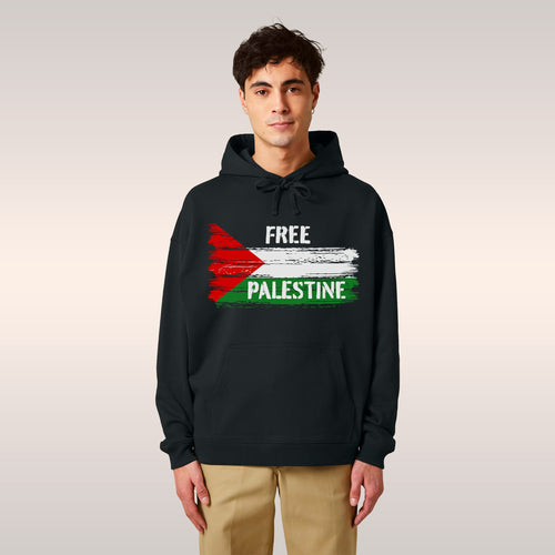 Two individuals wear Free Palestine hoodies featuring a distressed Palestinian flag, embodying activism and resistance. The c
