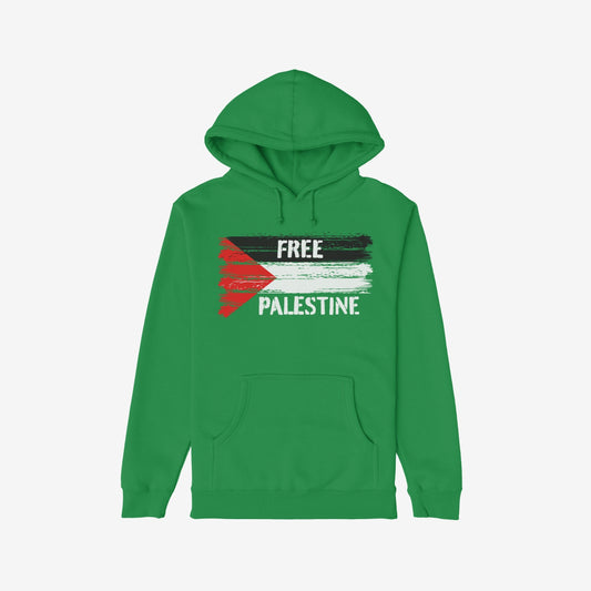 Free Palestine Hoodie featuring a brush-stroke Palestinian flag and FREE PALESTINE text, symbolizing resistance and solidarity in activism. Ideal for protests or daily wear, reflecting support for liberation movements.