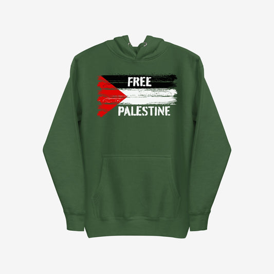 Free Palestine Hoodie featuring a brush-stroke Palestinian flag and FREE PALESTINE text, symbolizing resistance and solidarity in activism. Ideal for protests or daily wear, reflecting support for liberation movements.