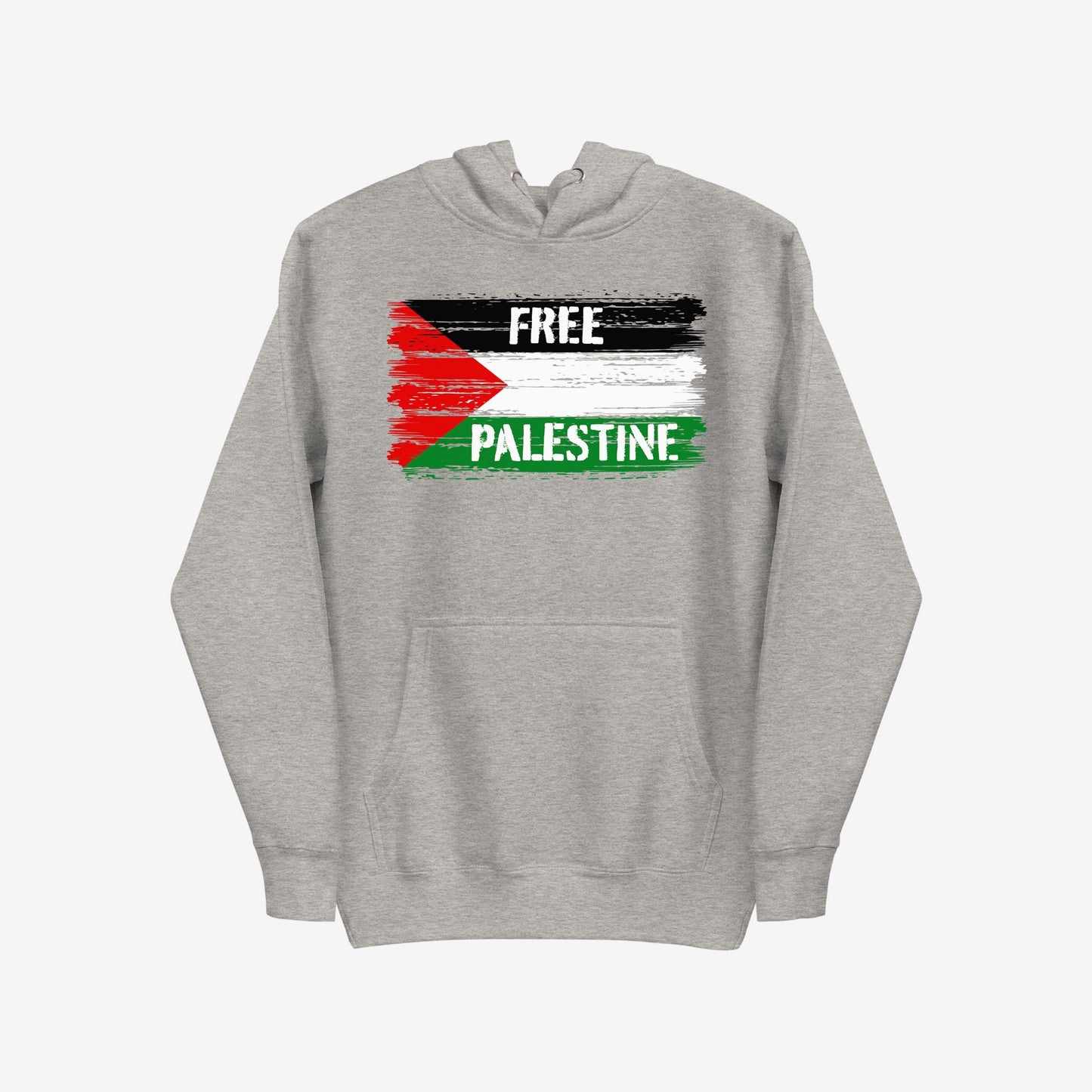 Free Palestine Hoodie & Sweatshirt featuring a distressed Palestinian-flag motif and FREE PALESTINE slogan, designed for activism and solidarity, ideal for protests and everyday wear.