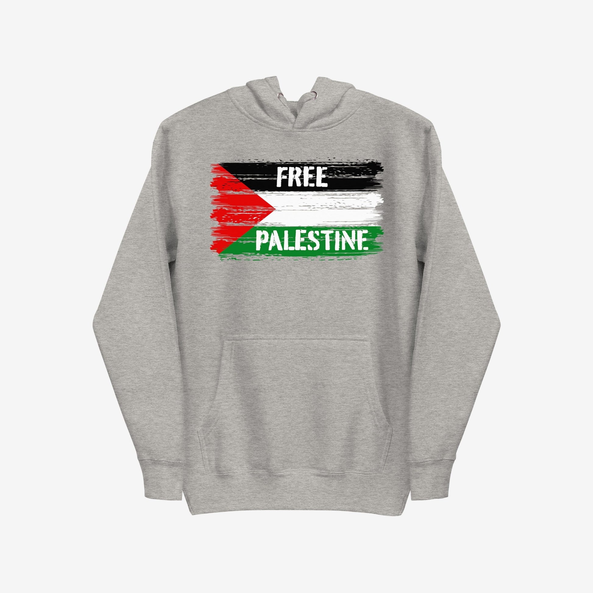 Free Palestine Hoodie & Sweatshirt featuring a distressed Palestinian-flag motif and FREE PALESTINE slogan, designed for activism and solidarity, ideal for protests and everyday wear.