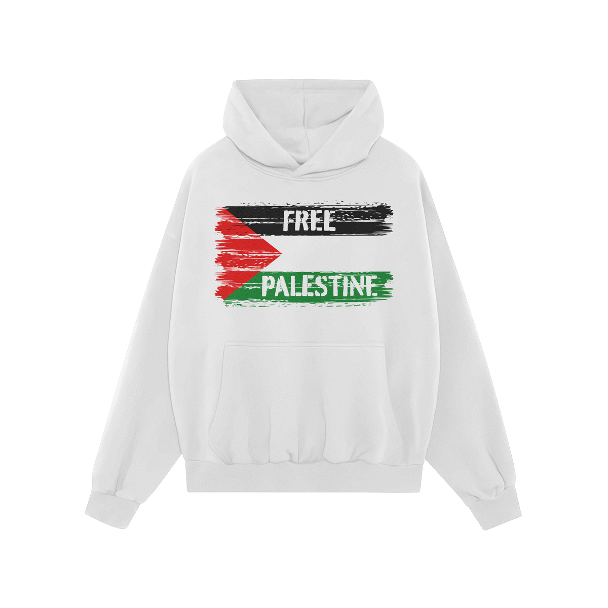 Free Palestine Shirt: A green pullover hoodie featuring a distressed Palestinian flag and FREE PALESTINE slogan, symbolizing 