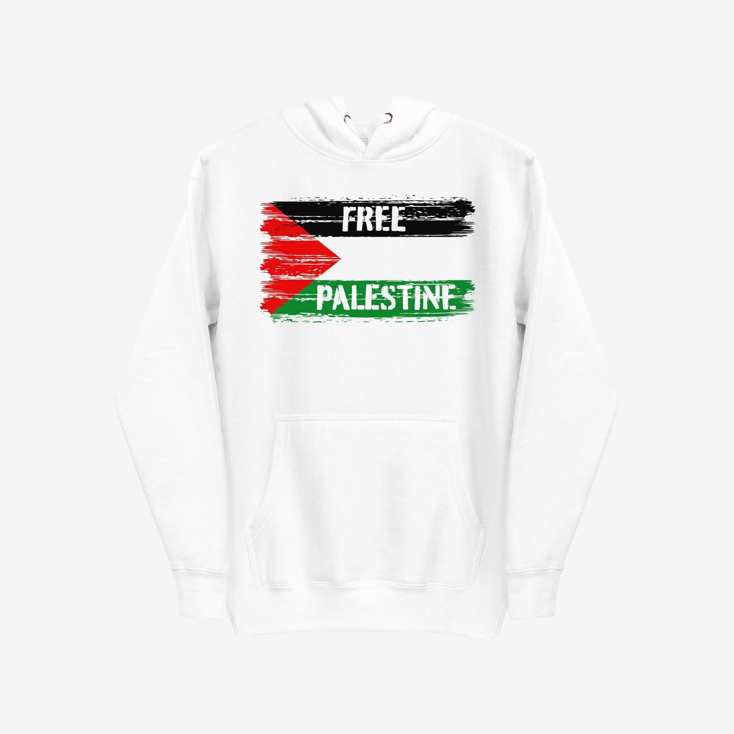 Free Palestine Hoodie featuring a distressed Palestinian flag design with FREE and PALESTINE stenciled text, embodies solidarity and resistance, ideal for protests and everyday activism.