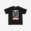 Free Palestine JULZ Women's Baby Tee features a bold graphic of eyes over a patterned scarf, with FREE in red, symbolizing solidarity with Palestinian freedom. The ink has a textured street poster style.