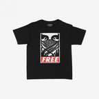 Free Palestine JULZ Women's Baby Tee features a bold graphic of eyes over a patterned scarf, with FREE in red, symbolizing solidarity with Palestinian freedom. The ink has a textured street poster style.