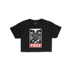 Free Palestine JULZ Women's Baby Tee features a bold graphic of eyes over a patterned scarf, with FREE in red, symbolizing so