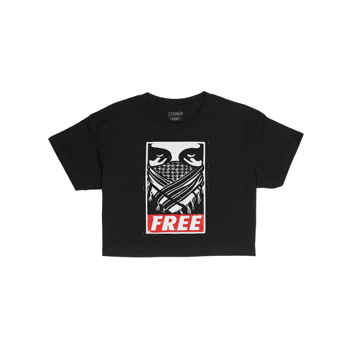 Free Palestine JULZ Women's Baby Tee features a bold graphic of eyes over a patterned scarf, with FREE in red, symbolizing so