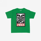 Free Palestine JULZ Women's Baby Tee featuring a black-and-white graphic of eyes over a scarf with FREE below in red. A bold statement piece supporting Palestinian freedom and self-determination.