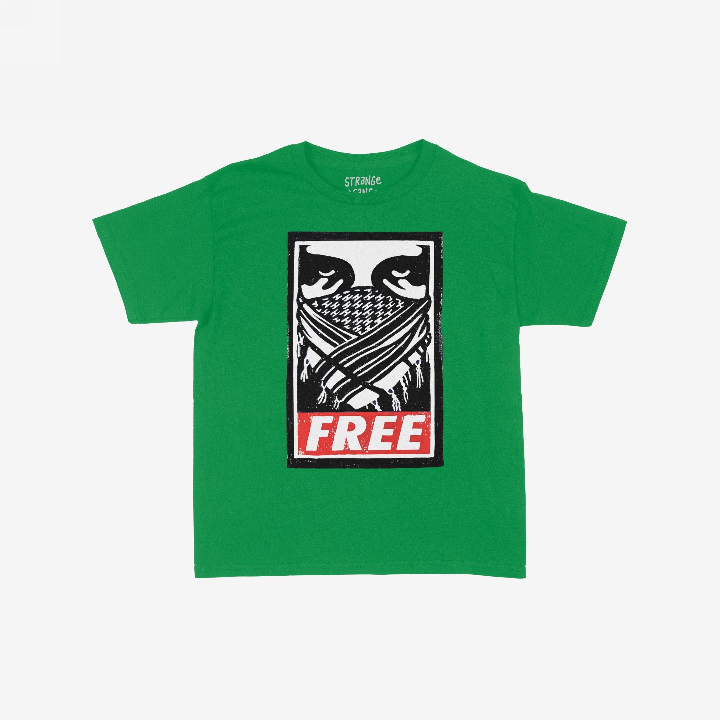 Free Palestine JULZ Women's Baby Tee featuring a black-and-white graphic of eyes over a scarf with FREE below in red. A bold statement piece supporting Palestinian freedom and self-determination.