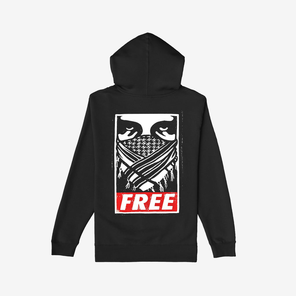 Back view of the Free Palestine JULZ Hoodie featuring a gritty stencil-style graphic of eyes and crossed arms over a bandana, with FREE in bold red, symbolizing solidarity with Palestinian freedom.