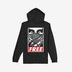 Back view of the Free Palestine JULZ Hoodie featuring a gritty stencil-style graphic of eyes and crossed arms over a bandana, with FREE in bold red, symbolizing solidarity with Palestinian freedom.
