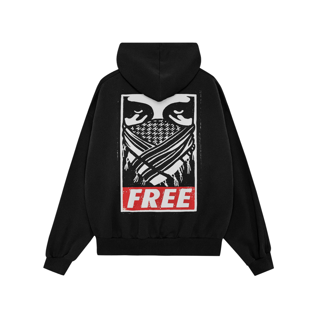 Back view of the Free Palestine JULZ Hoodie featuring a gritty stencil-style graphic of eyes and crossed arms over a bandana,