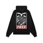 Back view of the Free Palestine JULZ Hoodie featuring a gritty stencil-style graphic of eyes and crossed arms over a bandana,