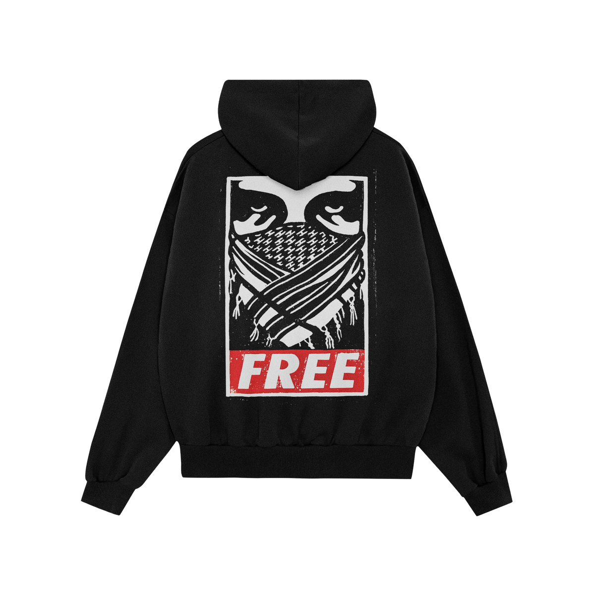 Back view of the Free Palestine JULZ Hoodie featuring a gritty stencil-style graphic of eyes and crossed arms over a bandana,