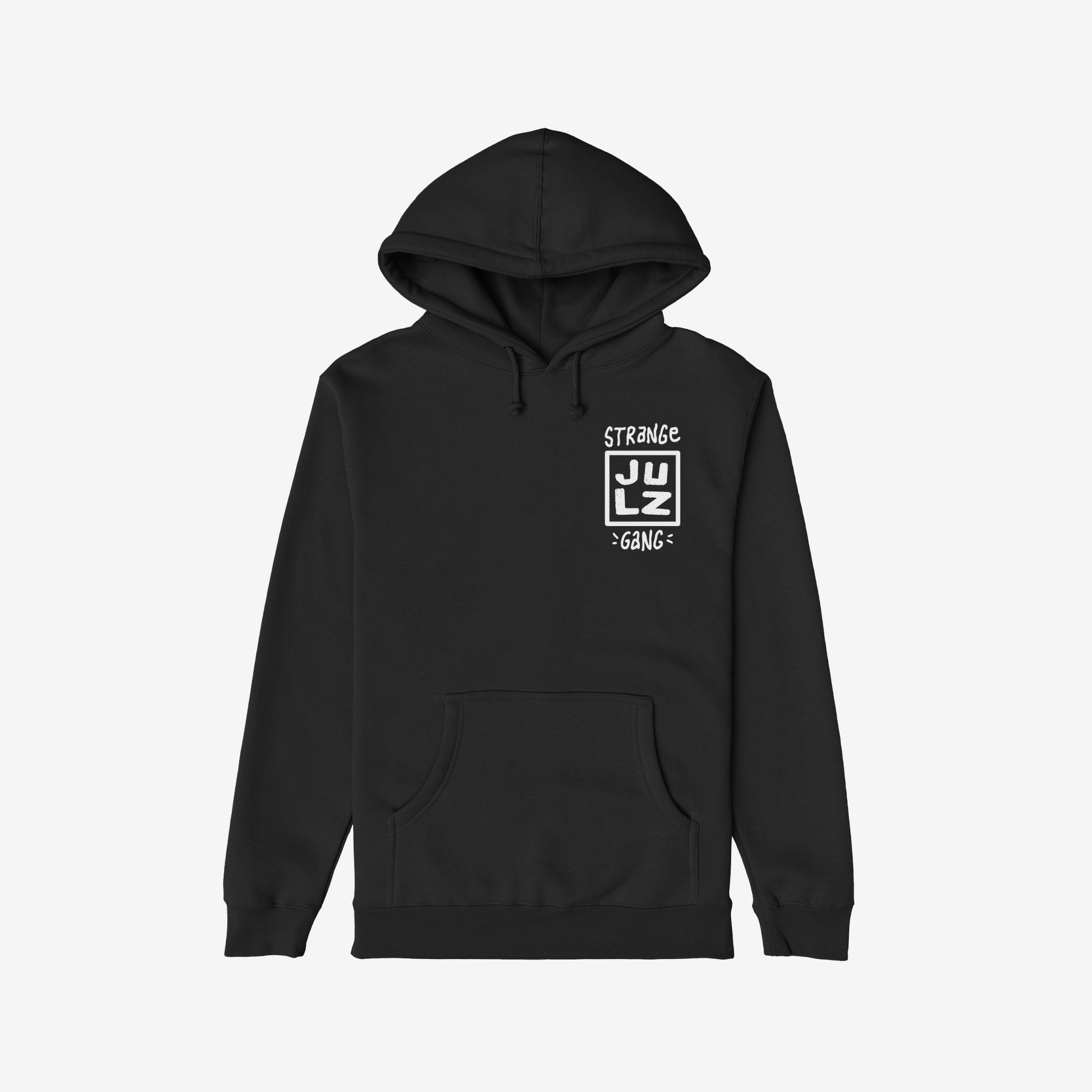 Black pullover hoodie titled Free Palestine JULZ Hoodie & Sweatshirt, featuring a small white chest graphic with STRANGE and letters J U L Z, highlighting support for Palestinian freedom.