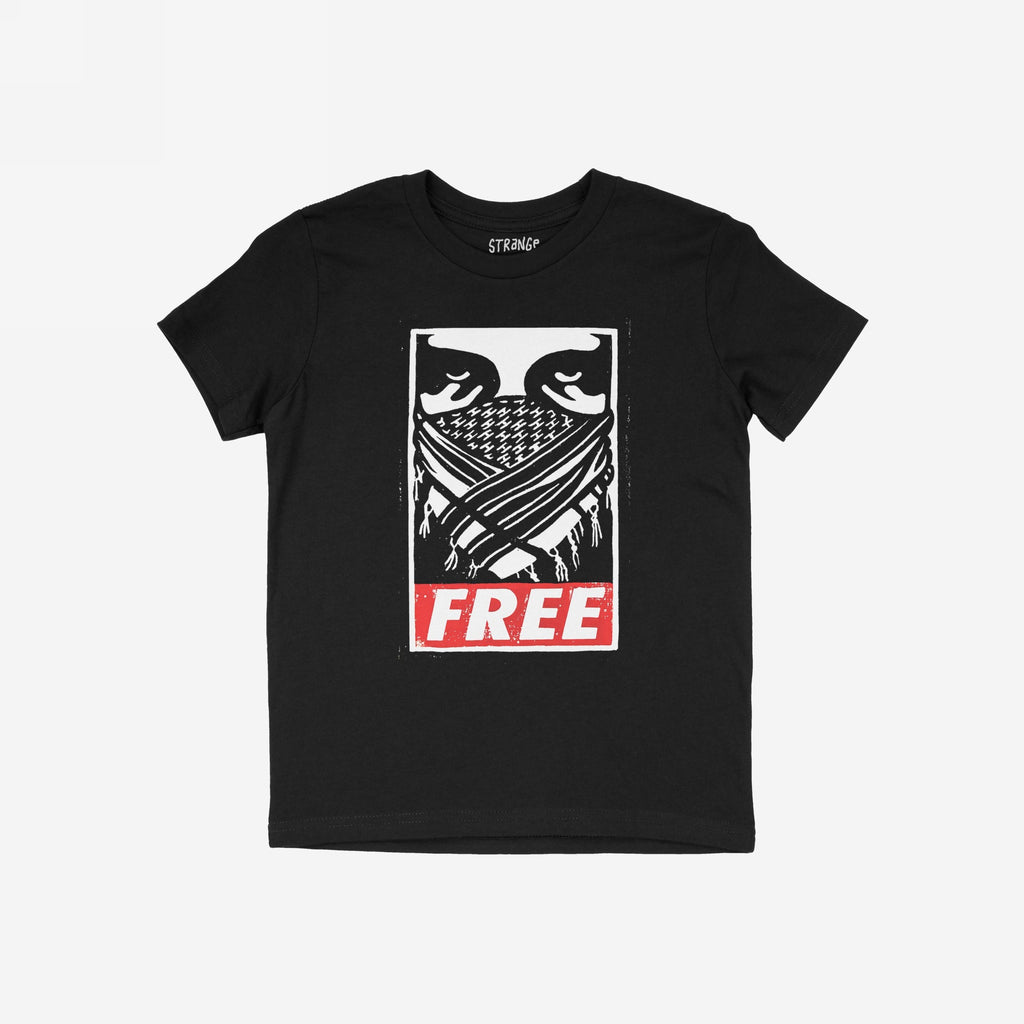 Free Palestine JULZ T-shirt features a bold graphic of intense eyes over a keffiyeh, with FREE in red, embodying street art activism for Palestinian freedom.
