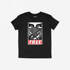 Free Palestine JULZ T-shirt features a bold graphic of intense eyes over a keffiyeh, with FREE in red, embodying street art activism for Palestinian freedom.