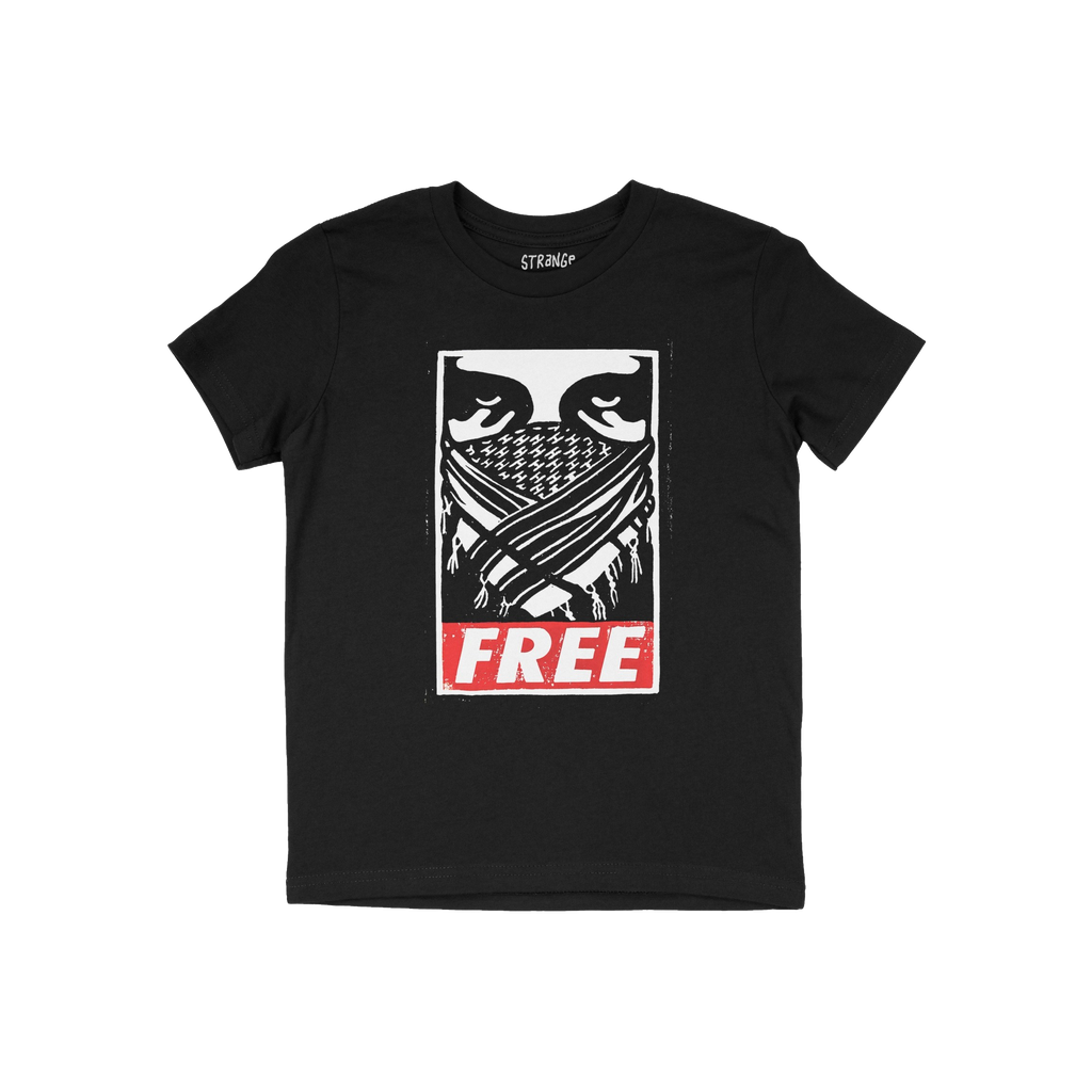 Free Palestine JULZ T-shirt features a bold graphic of intense eyes over a keffiyeh, with FREE in red, embodying street art a