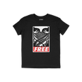 Free Palestine JULZ T-shirt features a bold graphic of intense eyes over a keffiyeh, with FREE in red, embodying street art a