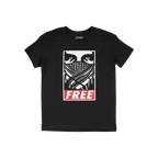Free Palestine JULZ T-shirt features a bold graphic of intense eyes over a keffiyeh, with FREE in red, embodying street art a