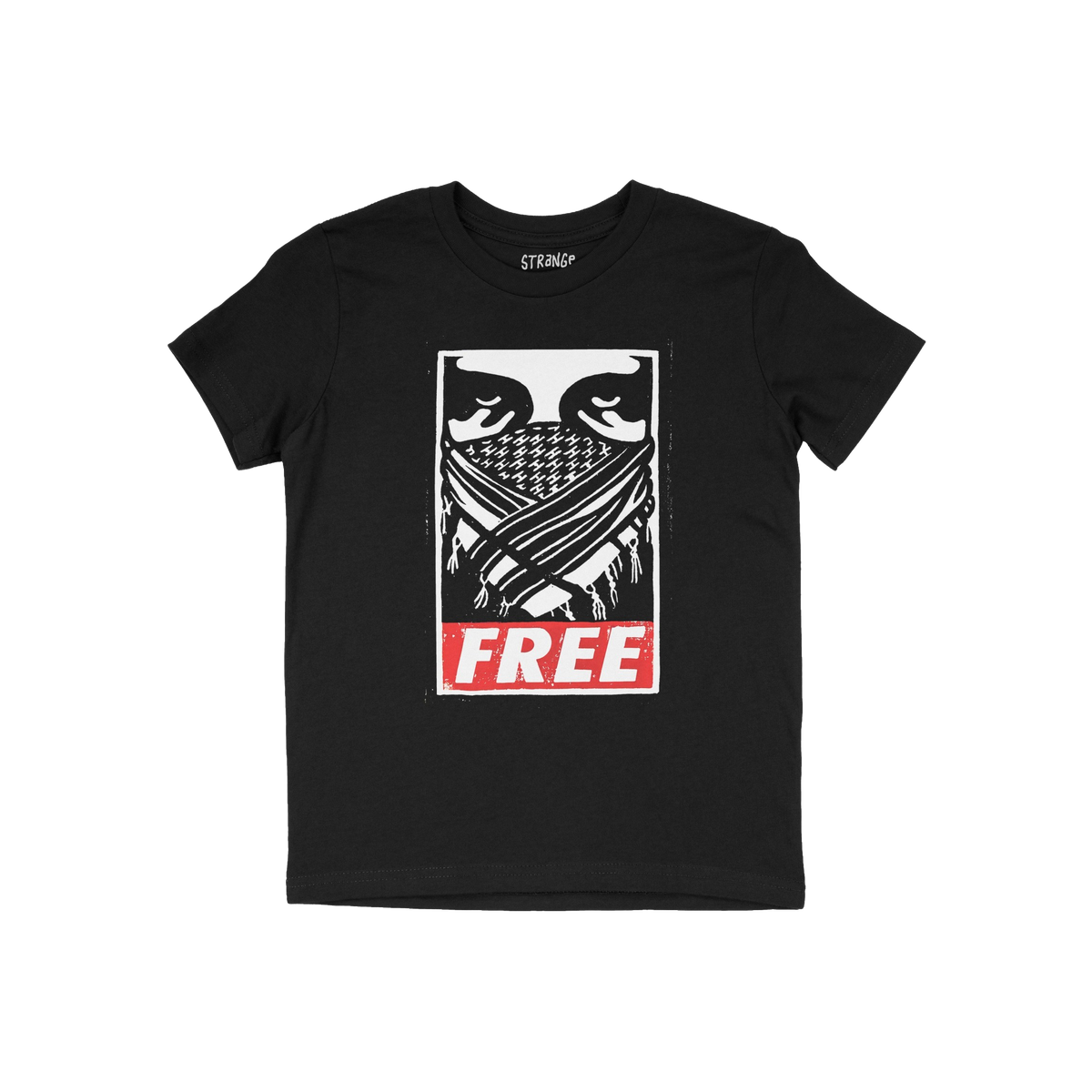 Free Palestine JULZ T-shirt features a bold graphic of intense eyes over a keffiyeh, with FREE in red, embodying street art a
