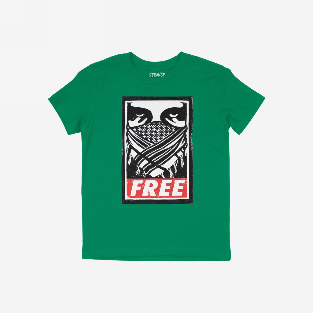 Free Palestine JULZ T-shirt featuring a bold graphic: eyes over a patterned bandana and “FREE” in red, symbolizing solidarity with Palestine. The design is gritty, reflecting its street art origins.
