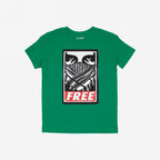 Free Palestine JULZ T-shirt featuring a bold graphic: eyes over a patterned bandana and “FREE” in red, symbolizing solidarity with Palestine. The design is gritty, reflecting its street art origins.