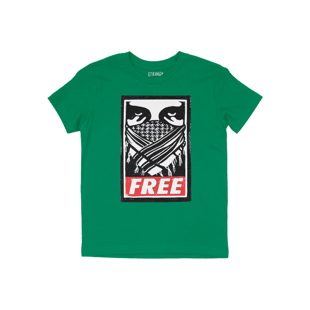 Free Palestine JULZ T-shirt featuring a bold graphic: eyes over a patterned bandana and “FREE” in red, symbolizing solida