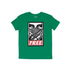 Free Palestine JULZ T-shirt featuring a bold graphic: eyes over a patterned bandana and “FREE” in red, symbolizing solida