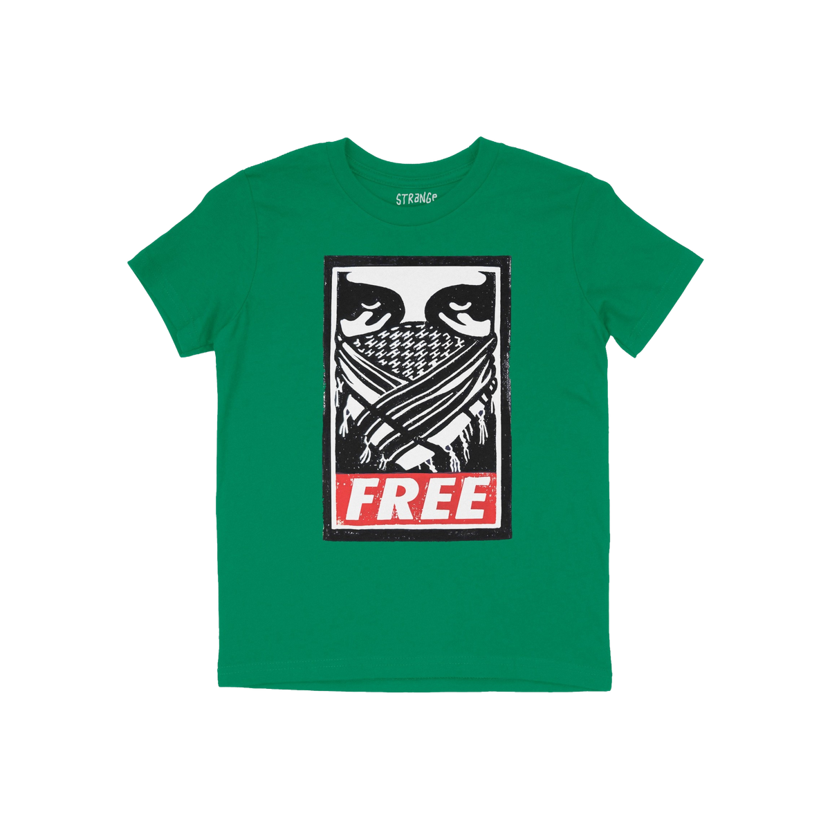 Free Palestine JULZ T-shirt featuring a bold graphic: eyes over a patterned bandana and “FREE” in red, symbolizing solida