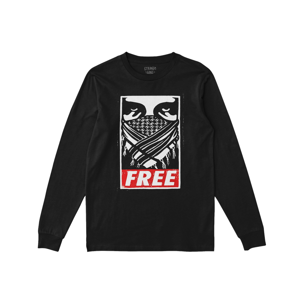 Free Palestine JULZ T-shirt featuring a black-and-white illustrated face wrapped in a patterned scarf, with crossed arms, and