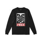 Free Palestine JULZ T-shirt featuring a black-and-white illustrated face wrapped in a patterned scarf, with crossed arms, and