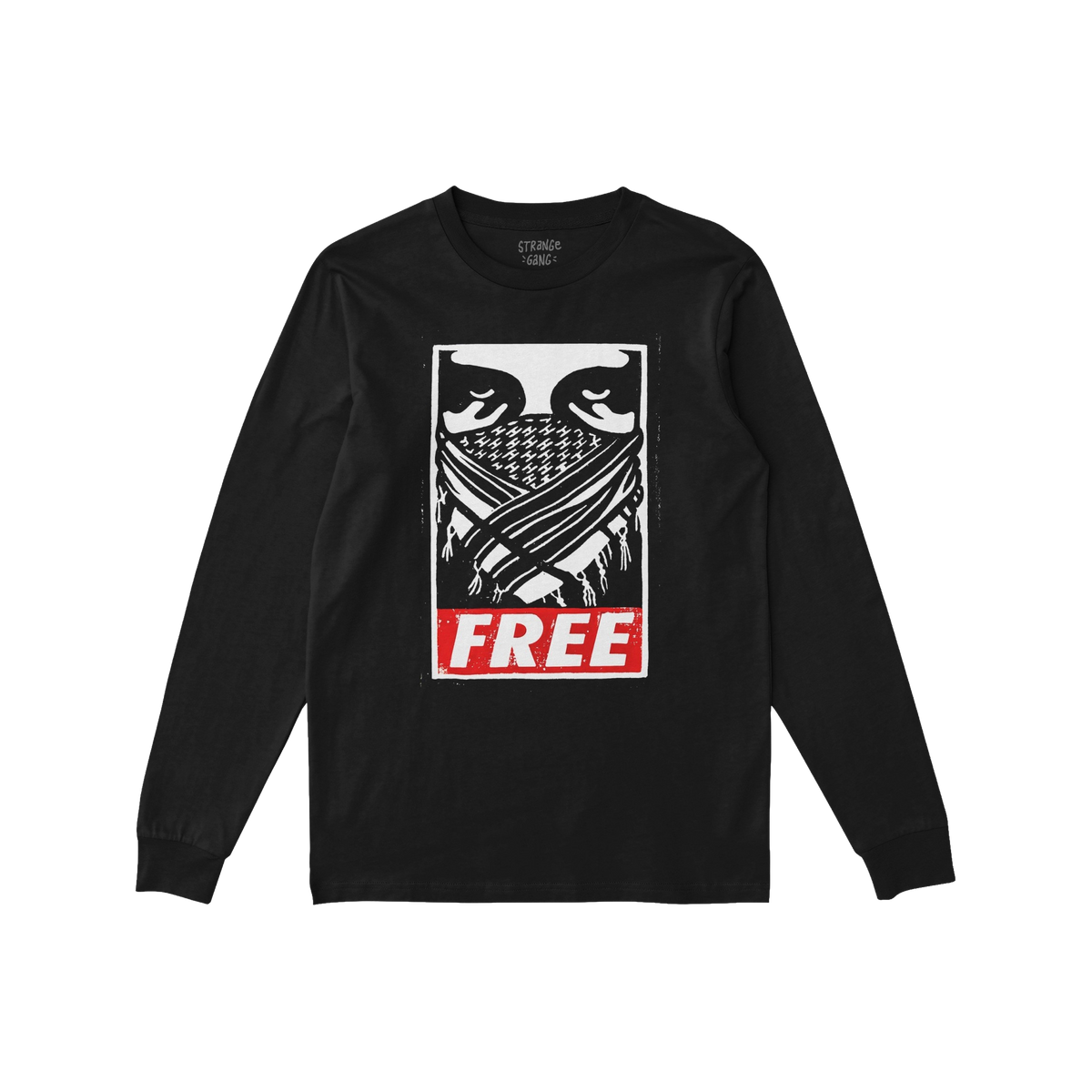 Free Palestine JULZ T-shirt featuring a black-and-white illustrated face wrapped in a patterned scarf, with crossed arms, and