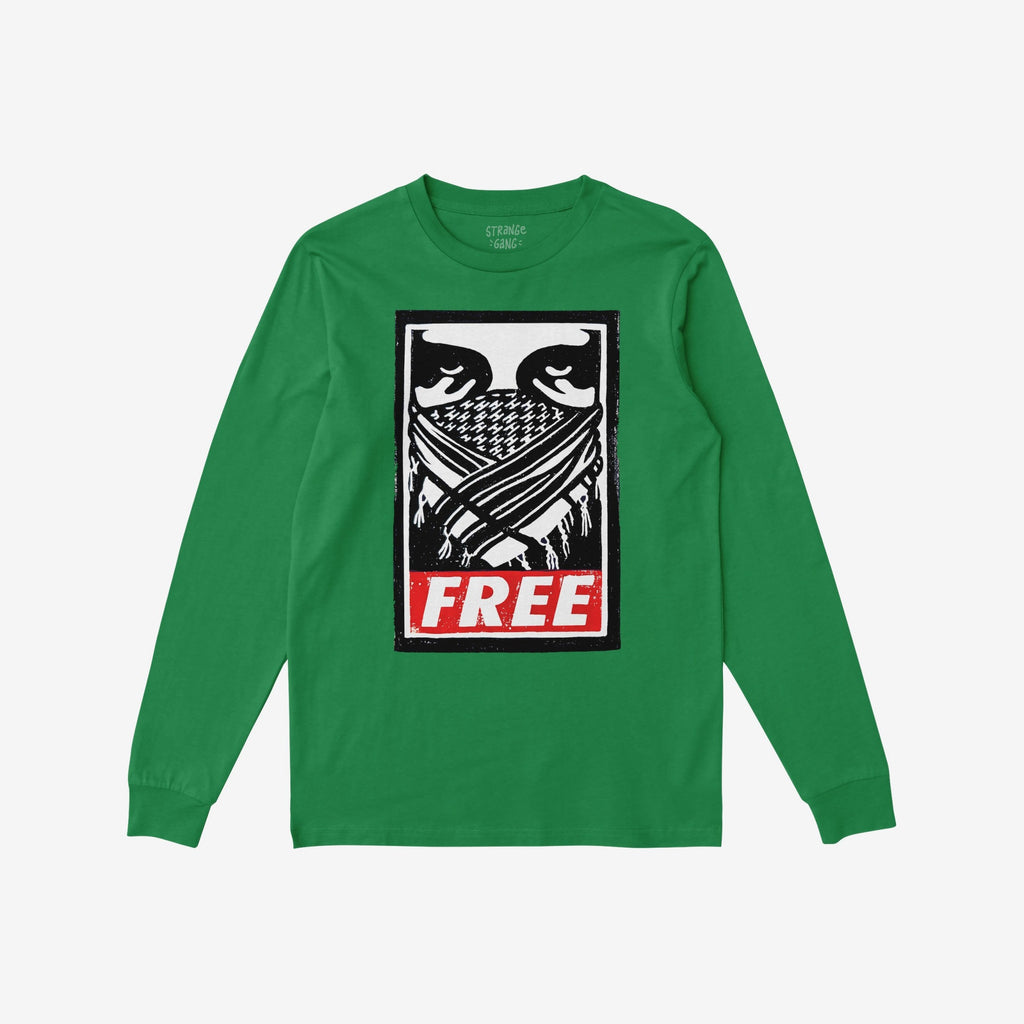 Free Palestine JULZ T-shirt featuring a bold graphic with stylized eyes, keffiyeh pattern, and FREE in red. Designed for activists supporting Palestinian freedom. Unisex, long sleeve, Kelly green.