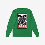 Free Palestine JULZ T-shirt featuring a bold graphic with stylized eyes, keffiyeh pattern, and FREE in red. Designed for activists supporting Palestinian freedom. Unisex, long sleeve, Kelly green.