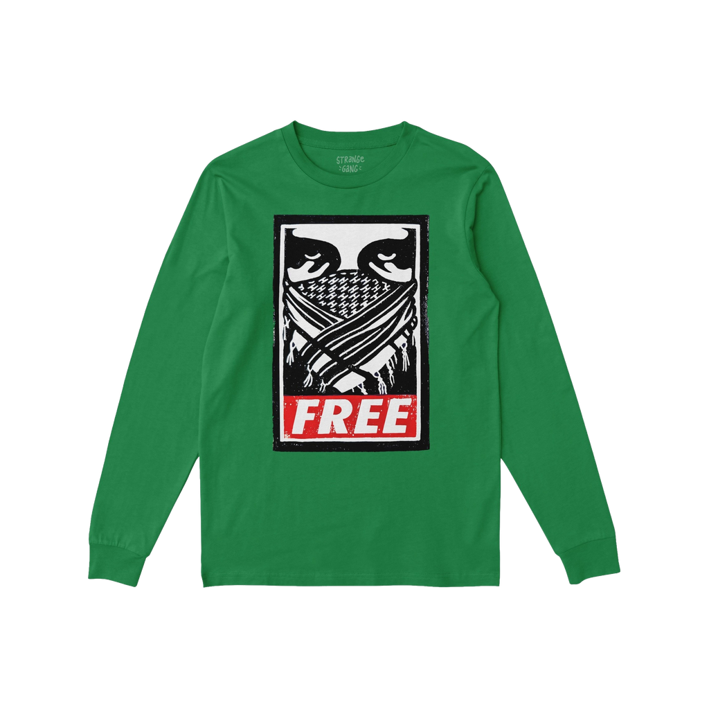 Free Palestine JULZ T-shirt featuring a bold graphic with stylized eyes, keffiyeh pattern, and FREE in red. Designed for acti