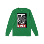 Free Palestine JULZ T-shirt featuring a bold graphic with stylized eyes, keffiyeh pattern, and FREE in red. Designed for acti