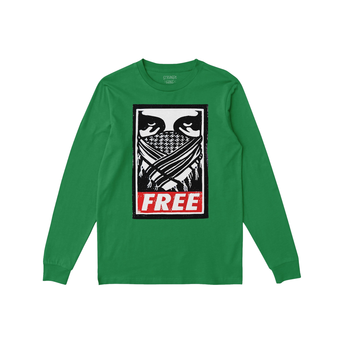 Free Palestine JULZ T-shirt featuring a bold graphic with stylized eyes, keffiyeh pattern, and FREE in red. Designed for acti