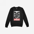 Black crew-neck sweatshirt with Free Palestine JULZ design, featuring a keffiyeh-covered face and FREE in red. Ideal for those supporting Palestinian freedom and self-determination.