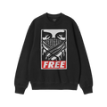 Black crew-neck sweatshirt with Free Palestine JULZ design, featuring a keffiyeh-covered face and FREE in red. Ideal for thos