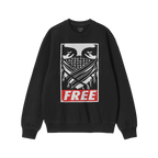 Black crew-neck sweatshirt with Free Palestine JULZ design, featuring a keffiyeh-covered face and FREE in red. Ideal for thos
